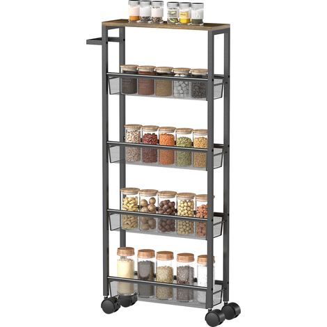 Slim Storage Trolley, 5--Tier Kitchen Cart on Wheels with Wood--effect Top, Handle for Living Room, Bathroom, Black (1/5)