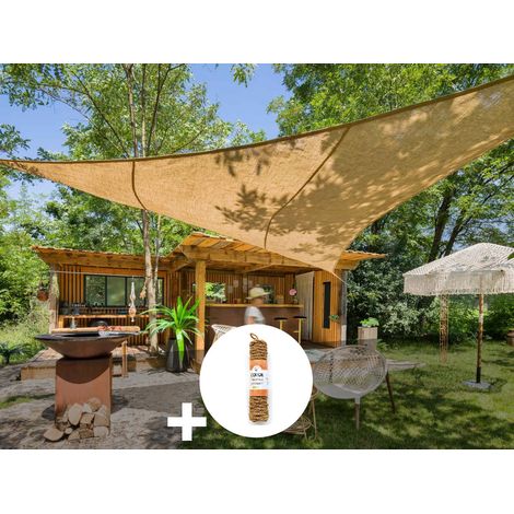 Voile d'ombrage Naturelle Jute Triangulaire 3,60 m + 1 corde fibre de coco 12 m - Jardiline