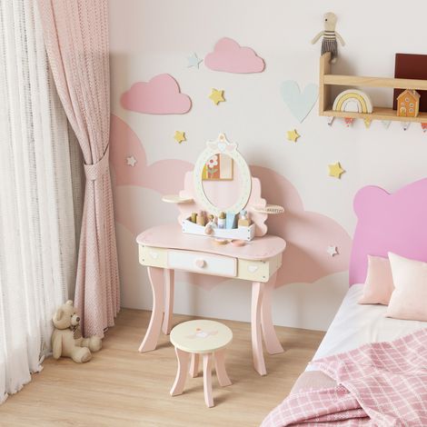 Tocador infantil, silla, cajonera, espejo extraíble, escritorio infantil con 7 accesorios, diseño 2 en 1, MDF, rosa (1/5)