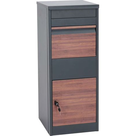 Paketkasten HHG-092, Paketbox Standbriefkasten Briefkasten Größe L verzinkt anthrazit, Holzoptik dunkel