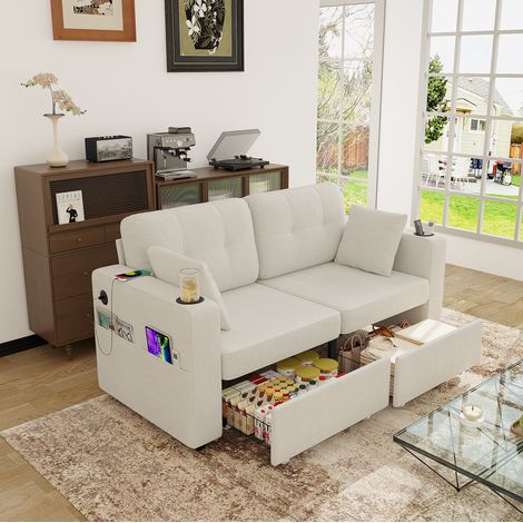 Canapé 2 places 172x75x82 cm beige avec rangements, ports USB et tissu chenille MEUBLIV (1/5)