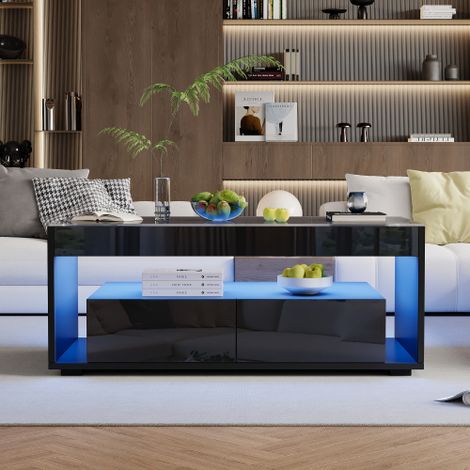Table basse moderne avec éclairage LED 16 couleurs, table de salon rectangulaire avec 2 grands tiroirs, table de salon spacieuse en verre, design à double niveau, finition haute brillance, grande tabl