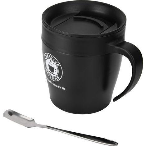 Fdit Tasse à café isolé en Acier Inoxydable avec Cuillère et Couvercle, Tasse de Bureau de Voyage Portable, Isolation Thermique Sous Vide, Idéale pour la Maison (BLACK) (1/5)