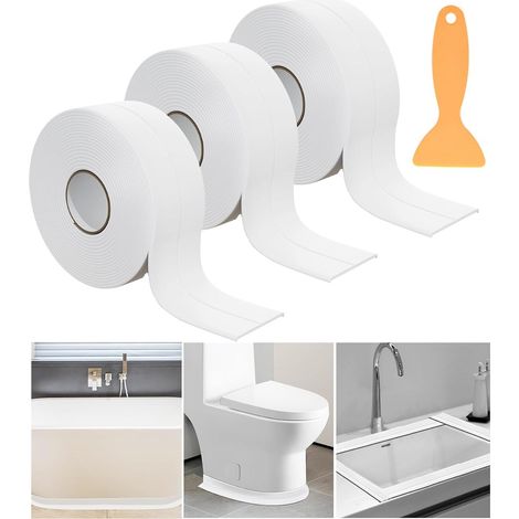 Blanc,Lot de 3 rouleaux de bande d'étanchéité pour salle de bain, salle de bain, imperméable, pour toilettes, baignoire, douche, coin mural, cuisine avec outil d'étanchéité