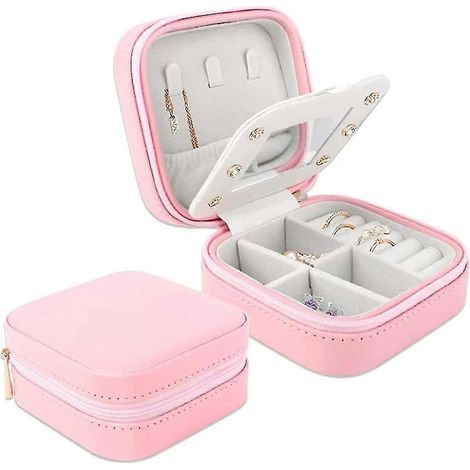 boîte à bijoux de voyage avec miroir, mini-boîte de rangement pour bagues, boucles d'oreilles et colliers, cadeau pour femme (rose) (1/3)