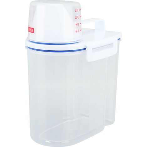 Boîte de rangement pour riz, céréales, distributeur, couvercle hermétique, bec verseur, récipient de conservation des aliments avec verre doseur, transparent, 1,5 kg, blanc (1/5)