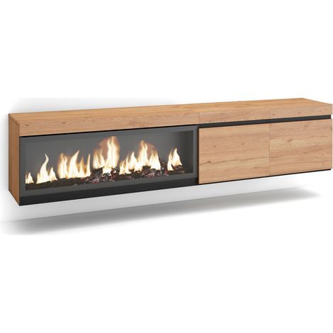 Skraut Home – Meuble TV suspendu mural avec cheminée électrique LED – Grand rangement chêne noir – Dimensions 208x35x45cm – Pour TV jusqu'à 80 pouces (1/5)