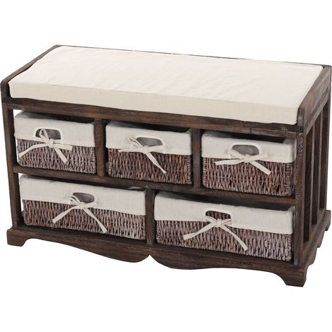 Commode banc de rangement shabby chic avec coussin et 5 tiroirs bois massif marron 45 x 77 x 36 cm 040011442