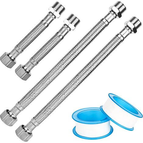 Set di 4 tubi flessibili corazzati da 3/8", 20 cm/10 cm, prolunga intrecciata, in acciaio inox 304, per miscelatore (1/5)