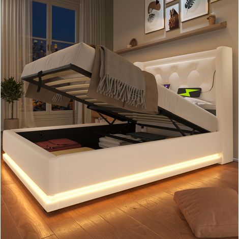 Lit coffre 90x200 avec USB-C LED PU blanc HAVRYA (1/5)