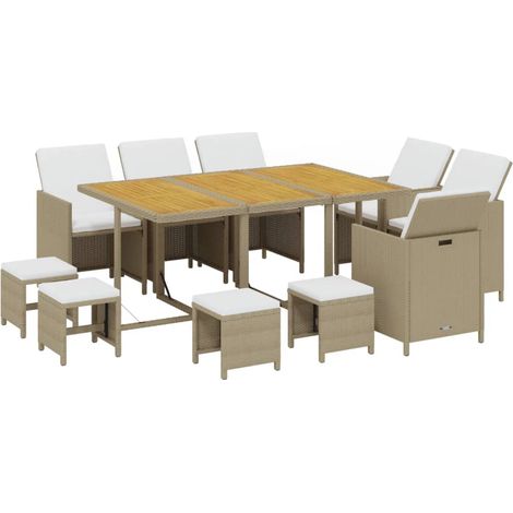 11 Piece Garden Dining Set with Cushions Poly Rattan Beige vidaXL (1/2)