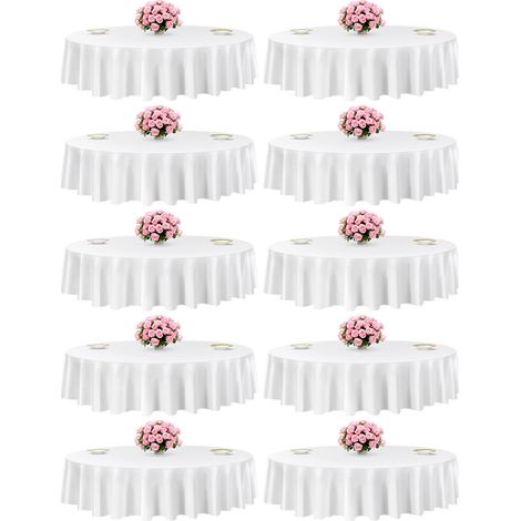 VEVOR Nappe ronde blanche, 2286 mm, couverture de table en polyester, lot de 10, resistante aux taches et aux plis, lavable en machine, pour salle a manger, mariage, fete, banquet, evenement officiel (1/5)