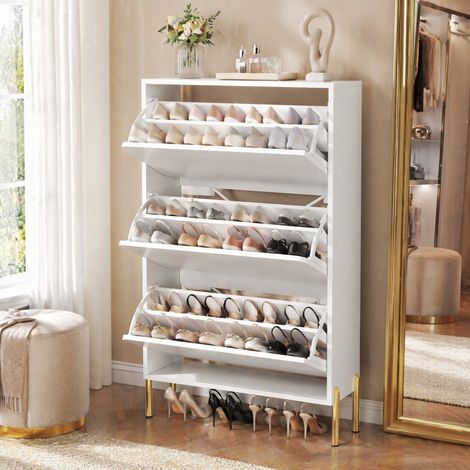 Schuhschrank 73x24x120 cm en MDF blanc, gain de place pour entrée, moderne FloraGrace (1/5)
