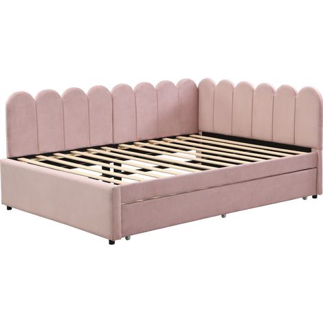 Letto ad angolo imbottito 140 x 200 cm in velluto rosa con letto estraibile e testiera a fiore (1/5)