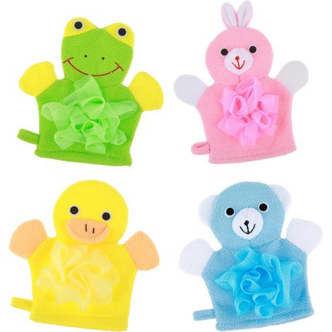 Lot de 4 gants de bain exfoliants en luffa pour enfants - Gants de bain exfoliants pour le corps - Balles de douche - Facile à mousser - Joli motif animal coloré (1/5)