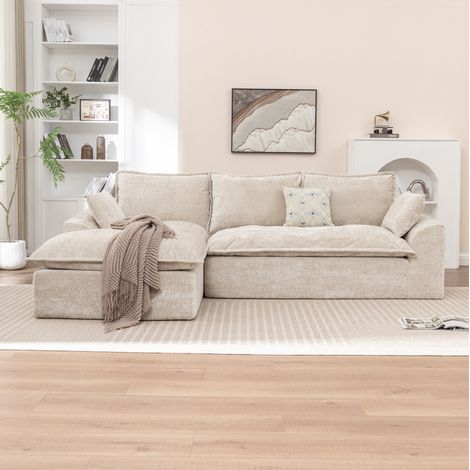 Canapé d'angle modulable avec chaise longue, mousse compressée, tissu chenille beige, sans montage, pour salon (1/5)