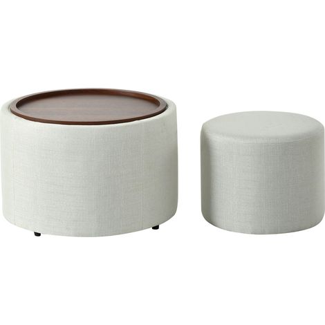 CAIziBall & Cast lot de 2 poufs gigognes avec rangement, pouf avec revêtement en lin et plateau en bois, table basse et banc ronds 58 cm, beige (1/5)