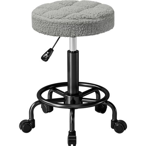 Tabouret rond pivotant à roulettes, hauteur réglable de 50 à 66 cm, assise revêtue de tissu imitation peau d'agneau gris