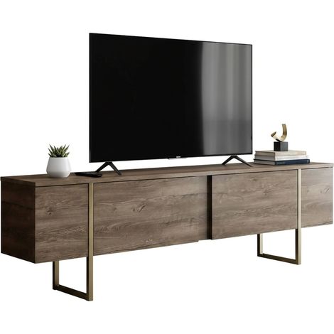 Dmora - Fernsehschrank Centaurus, Ständer für Wohnzimmerfernseher, Niedriges Wohnzimmer-Sideboard, TV-Ständerbasis, 180x30h50 cm, Walnuss und Gold, mit verstärkter Verpackung
