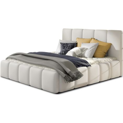 Lit adulte Vika – Simili cuir capitonné avec sommier-Blanc-180x200-Version avec sommier (1/5)