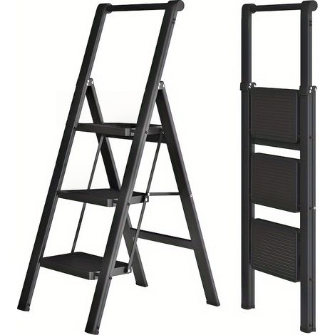 Échelle pliante 3 marches avec main courante, échelle domestique antidérapante, escabeau pliant pour la maison, le bureau, portable et robuste, noir (1/4)