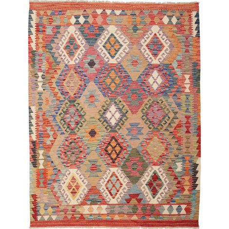 Tapis kilim 153 x 195 cm, motif ethnique, en laine naturelle, multicolore, bleu et rouge, tissage plat (1/5)