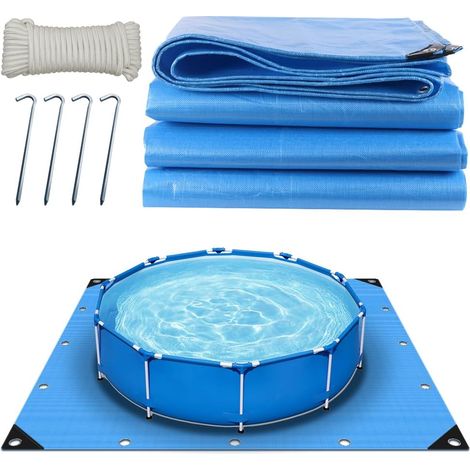 Bâche de Sol de Piscine 120 g/m² renforcée, carrée (4 x 4 m, Bleu)  Bâche de fond pour piscine, avec 4 crochets et corde nylon 20m, bâche perforée, imperméable et indéchirable (1/5)