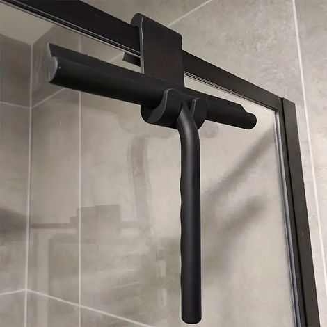 Grattoir de douche avec crochet – Grattoir à vitres en silicone – Grattoir de douche pour portes vitrées – Grattoir à vitres de salle de bain – Grattoir à vitres (noir) (1/5)