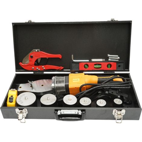 Kit saldatrice per tubi in PPR da 800W con display digitale 0-300°C, 6 ganasce 20-63mm, 3 livelle a bolla, metro a nastro, pinze da taglio. Breckner Germany