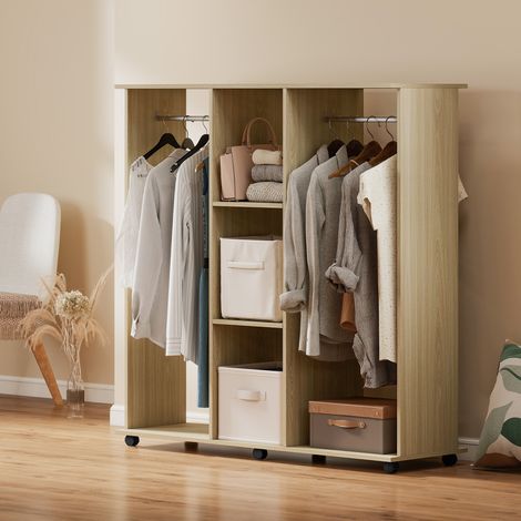 Armoire penderie Meuble de Rangement Mobile 6 roulettes 120L x 40l x 128H cm en bois naturel
