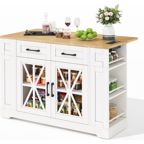 Buffet de cuisine 120x65x92 cm avec table à manger rabattable et porte vitrée, Îlot de cuisine avec prise secteur, port USB, Blanc