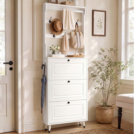 Guardaroba da ingresso con scarpiera 66x17x180 cm, 3 ante a ribalta, 6 ganci e barra appendiabiti, MDF e PB bianco (1/5)