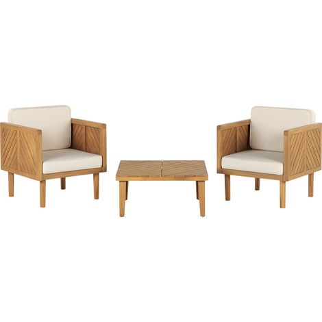 Juego sillones y mesa de centroConjunto de balcón 2 plazas de madera de acacia clara beige claro mesa sillas cojines Baratti