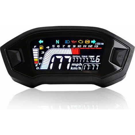 Tachymètre moto numérique LCD étanche – Affichage 6 niveaux de carburant – Max 199 km/h et 14 000 RPM – Pour motos 1, 2, 4 cylindres