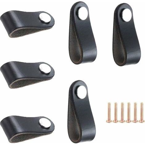 Poignées en Cuir Souple pour Meubles - Lot de 6, Finition Noir Mat, Fixation Monotrou, Idéales pour Chambre à Coucher- (1/5)