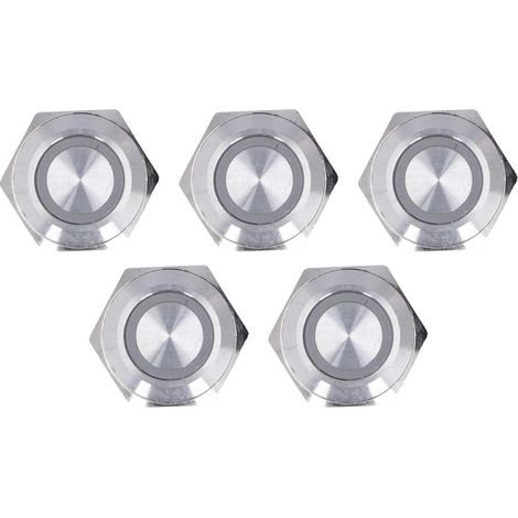 Lot de 5 interrupteurs à bouton-poussoir momentanés en métal avec LED, 16 mm, DC 3-6 V, vert, ultra-fins et étanches. (1/5)