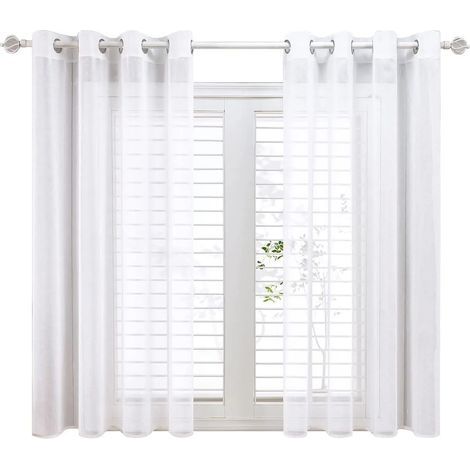 Rideau Voilage Blanc 140x160cm en Effet Lin Imatation A Oeillets Rideaux Voilage Decoration Chambre Court Voilages intérieurs pour Chambre Enfant Petite fenêtre Cuisine Lot de 2 (1/5)