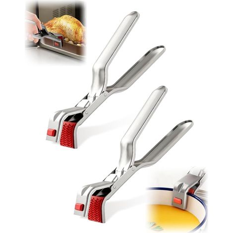Lot de 2 pinces de maintien au chaud en acier inoxydable – Support de bol multi-angles anti-brûlure avec poignées antidérapantes rouges, idéal pour micro-ondes, plaques à pizza, grille-pain, friteuse (1/5)