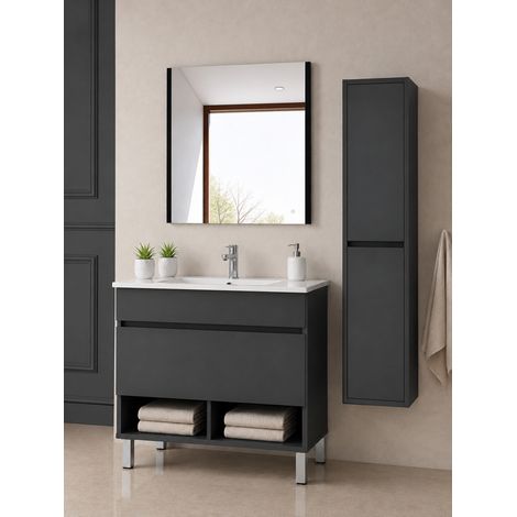 Meuble de salle de bain avec pieds avec vasque extra-plat ORIGENBATH NEBARI sur pieds avec tiroir sans miroir 70x40 cm graphite avec colonne (1/5)