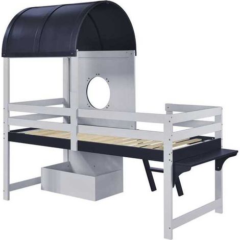 Lit mezzanine enfant 90x200 cm avec toit et fenêtre, tiroir à roulettes, blanc et bleu foncé (1/5)