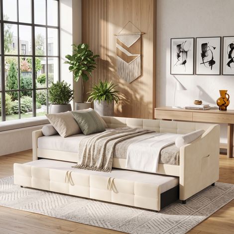 Superaly - Lit gigogne 90 x 200 cm - Canapé-lit en velours - Poches de rangement latérales - Style scandinave moderne - Sommier à lattes - Lit gigogne convertible - Beige (Matelas non inclus) (1/5)