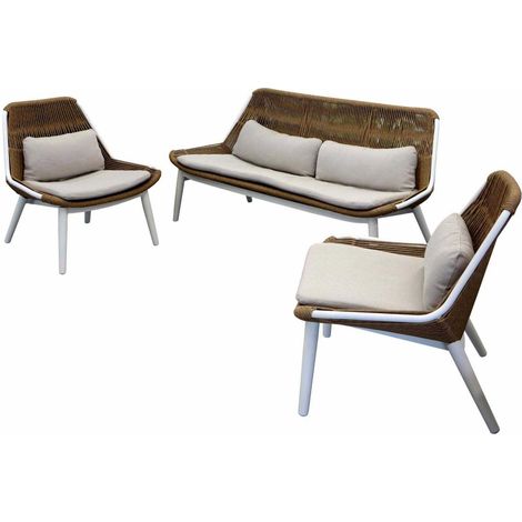 PROLOISIRS Set Como ensemble 3 pièces en aluminium/rope/wicker avec coussin - blanc/twist naturel (1/4)