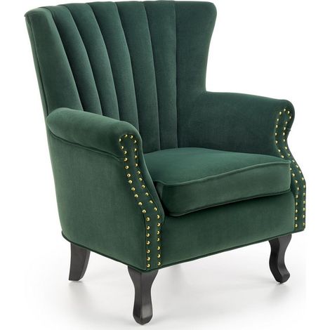Fauteuil en velours vert avec accoudoirs cloutés et pieds en bois massif MEDICIS (1/5)
