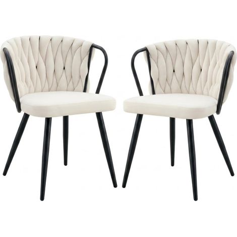 Chaise velours beige dossier tressé pieds noirs mat (1/5)