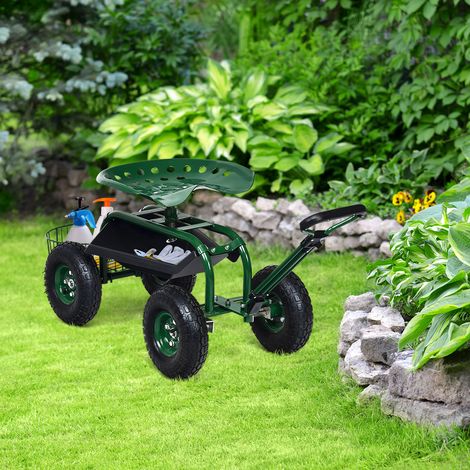 Chariot de Jardin Poignée Extensible Panier Rangement 2 Plateaux Outils 4 Roues Vert CW26340 (1/3)