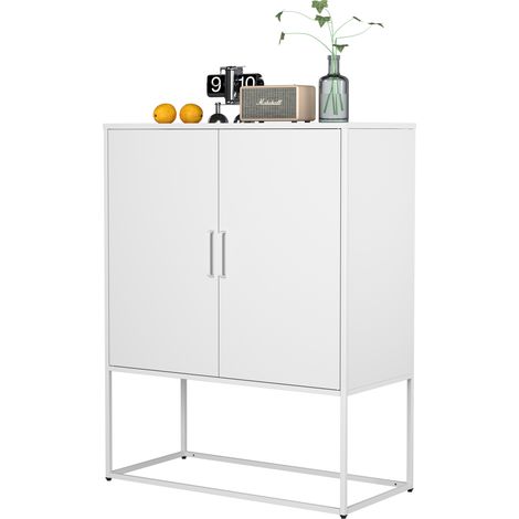 Buffet en métal – Armoire de rangement avec 2 étagères, meuble en acier autoportant, portes magnétiques et système anti-basculement, pour salon, cuisine ou bureau, blanc, H109 × L85 × P40 cm (1/5)