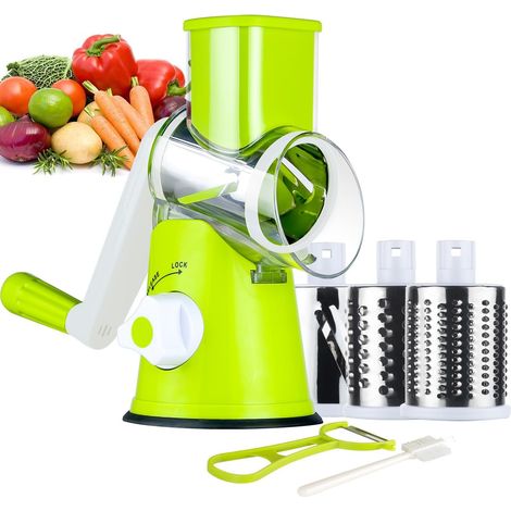 Râpe à fromage - Râpe à légumes avec 3 lames rotatives - Permet de râper du fromage, des concombres, des carottes, des noix et autres légumes - Verte (1/5)