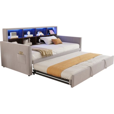 Lit adulte 90x190 cm en velours gris clair, gain de place pour chambre, avec lit gigogne - FLORAGRACE (1/5)
