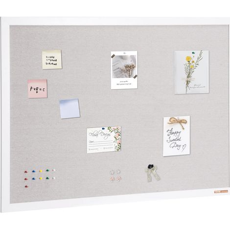 Tableau en liège blanc avec surface en lin, 1200 x 900 mm, tableau d'affichage mural élégant avec cadre en bois blanc, tableau d'affichage élégant et fonctionnel pour maison, école et bureau (1/5)
