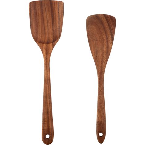 Cuillère En Bois De Teck - Lot De 2 Ustensiles De Cuisine Naturels Non Rayants - Pour Casseroles Antiadhésives - Avec Récipient De Rangement En Bois (1/5)